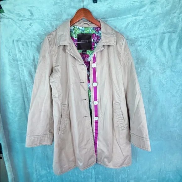 Coach women’s trench coat size large floral signature lining beige - Picture 9 of 9
